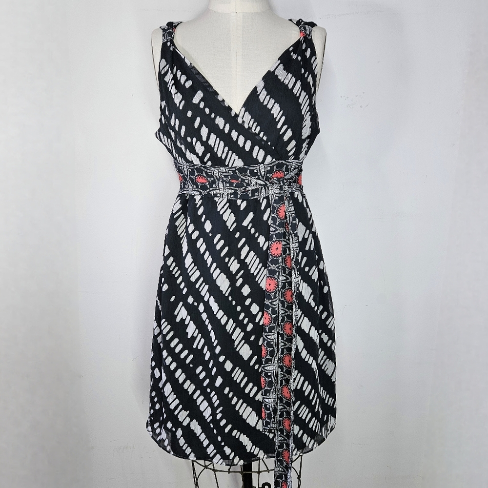 Axcess Size L Dress Belted Waist Sleeveless Bias Tie-Dye Black Red Midi Lined